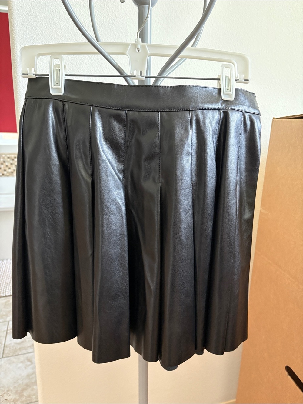 Black Faux Leather Pleated Skater Skirt - Women